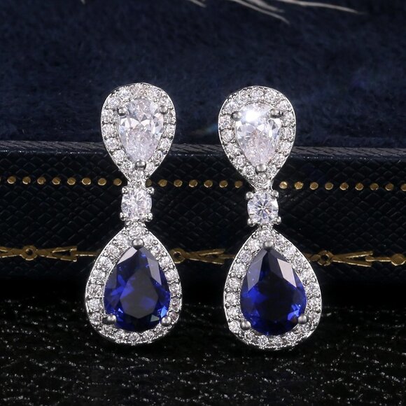 💥Noble Water Drop Royal Blue And White Pear Zircon Stud Earrings,UNVN12417 - Picture 1 of 7